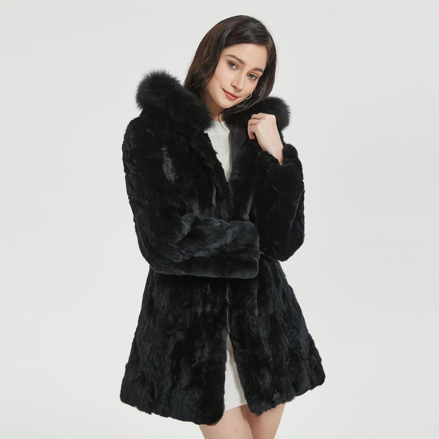 Women's Genuine Rabbit Fur Coat with Raccoon Fur Trim Hood Winter Jacket - Image 2