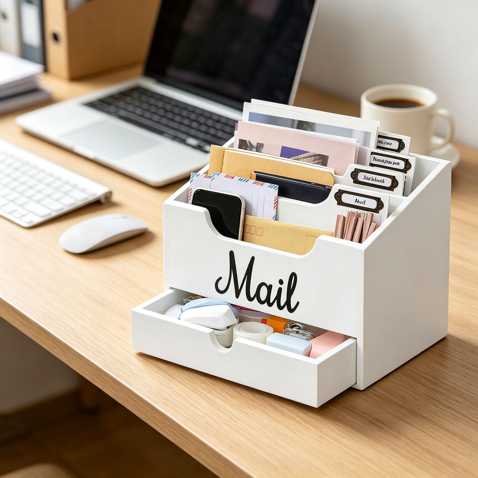 Schreibtisch Organizer aus Holz mit Schublade, abgestufter Postsortierer für Briefe, Stifte, Notizbücher, Schreibtisch Aufbewahrung für Zuhause, Arbeitszimmer, Notebook Organizer, kleine Poststation