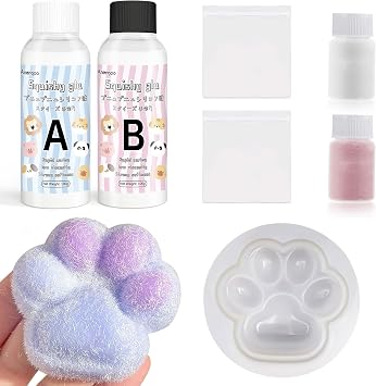 Anergoo Taba Squishy Making Kit - DIY Squishy Maker with 3 Paw Animal Silicone Molds, Liquid Gel & Flocking - Create Cute Squishies Adults 200g