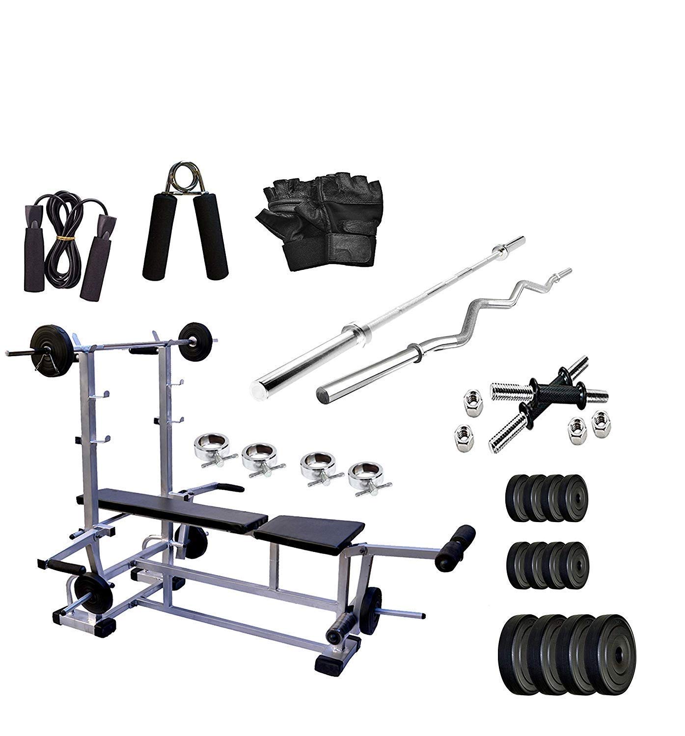 Body maxx Combo 74 KG Rubber Plate with 8 in 1 Bench (Silver Color) for Multiple Exercise + 3FT CURL Rod + 5FT Plain Rod + Gym Accessories (B083FSC9N6) Amazon Price History, Amazon Price Tracker