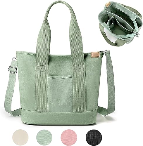 Small Tote Bag with Zipper Large Tote Bag for Women,Canvas Crossbody Shoulder Bag Satchel Hobo Messenger Bag with Pockets