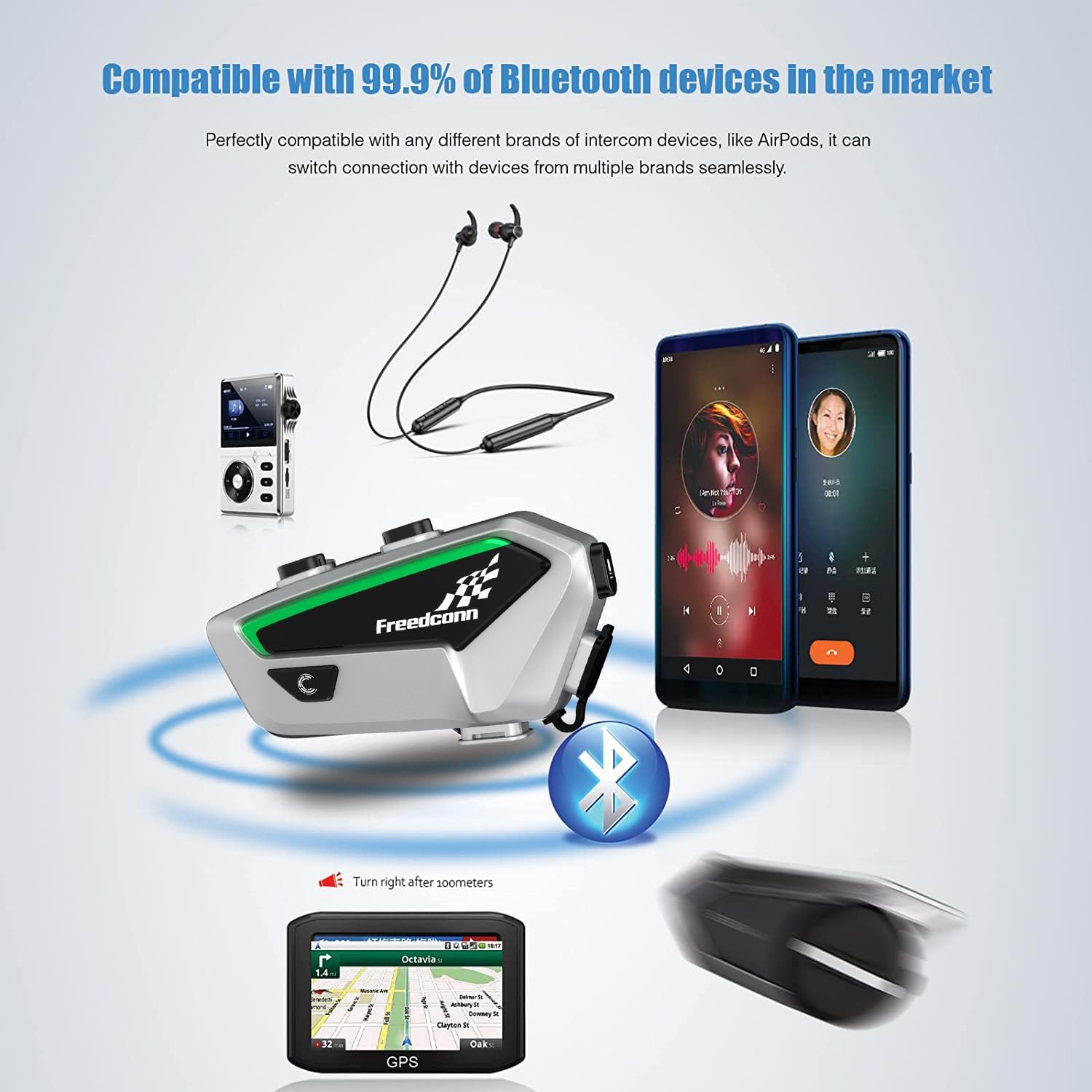 FreedConn FX intercom unit connected wirelessly to a smartphone and GPS device.