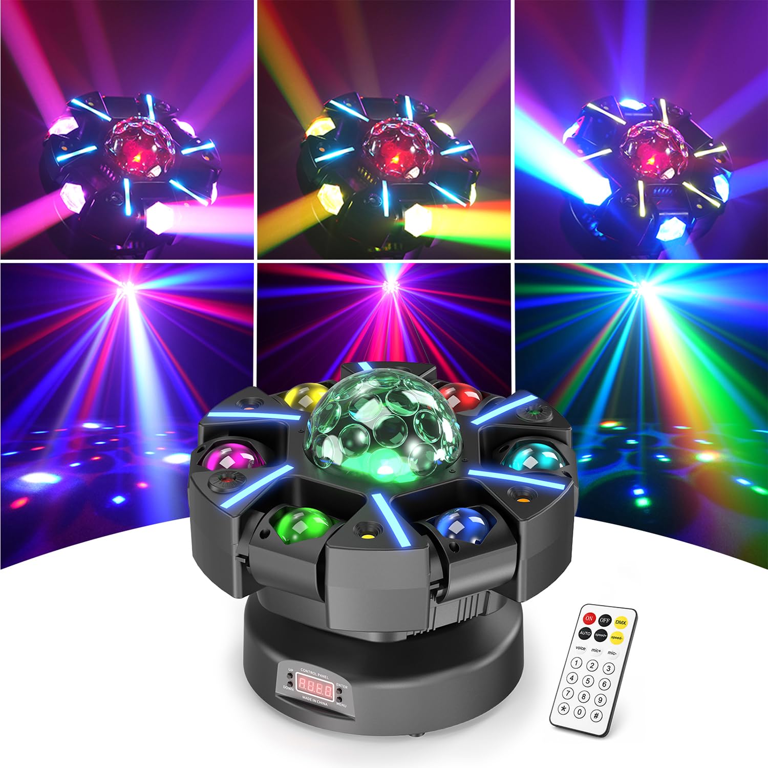 Moving Head DJ Lights, 150W RGBW 6 Arms Disco Magic Ball Stage Lights, 6-in-1 DJ Lights for Parties with Red Green Starry, White &amp; Amber Strobe, DMX512 &amp; Remote Control Party Lights for Disco Club