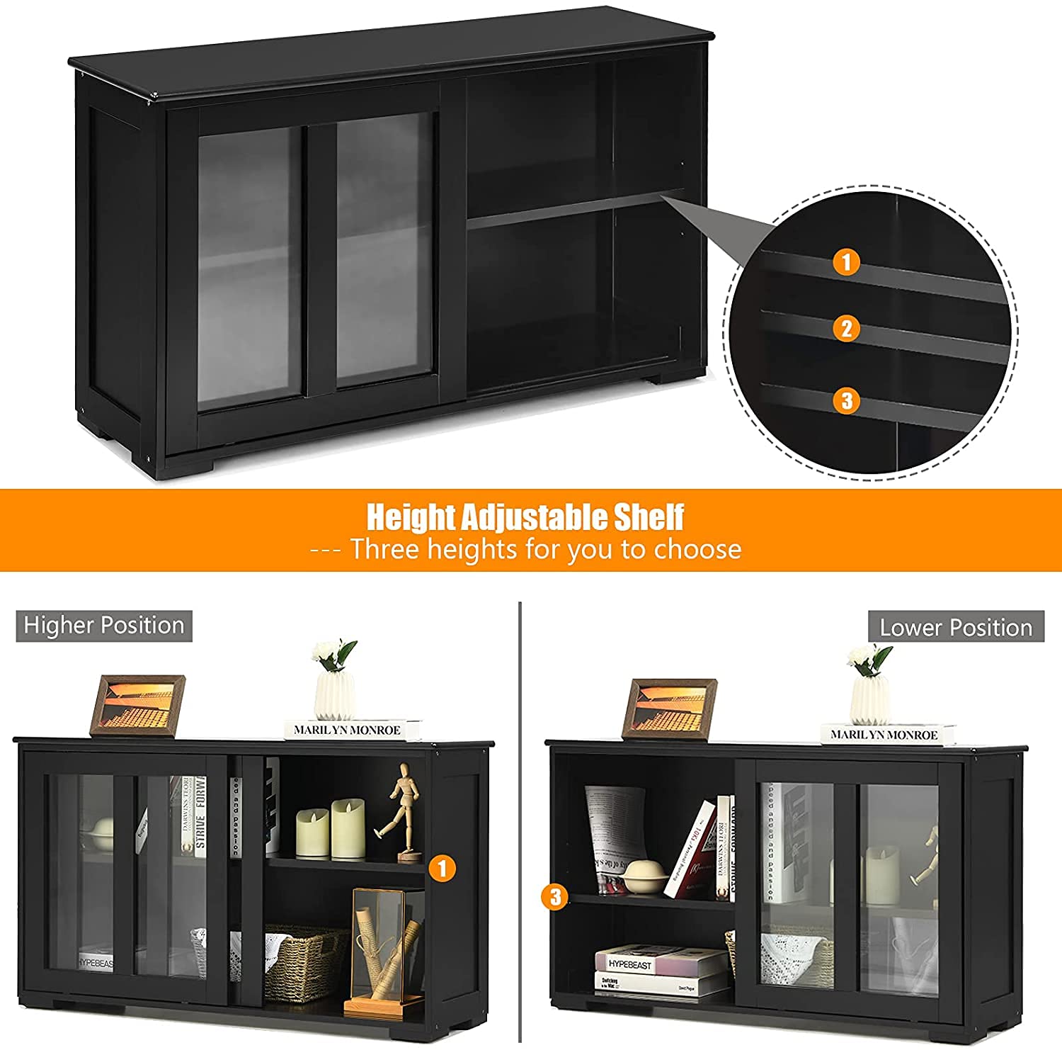 Armario de almacenamiento apilable de cocina con estantes de altura ajustable y puertas correderas de vidrio, aparador de consola de buffet, color negro 5