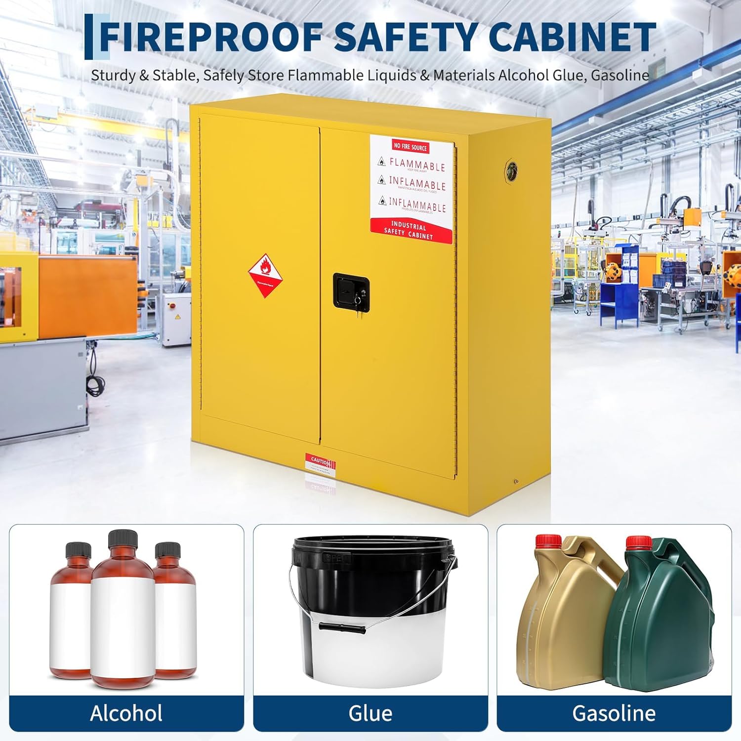 Flammable Storage Cabinet for Hazardous Materials, Fire Resistant Safety Cabinet for Flammable Liquids, Cold Rolled Steel with Spill Containment Sump, Ventilation Holes, Ground -45 Gallon Capacity