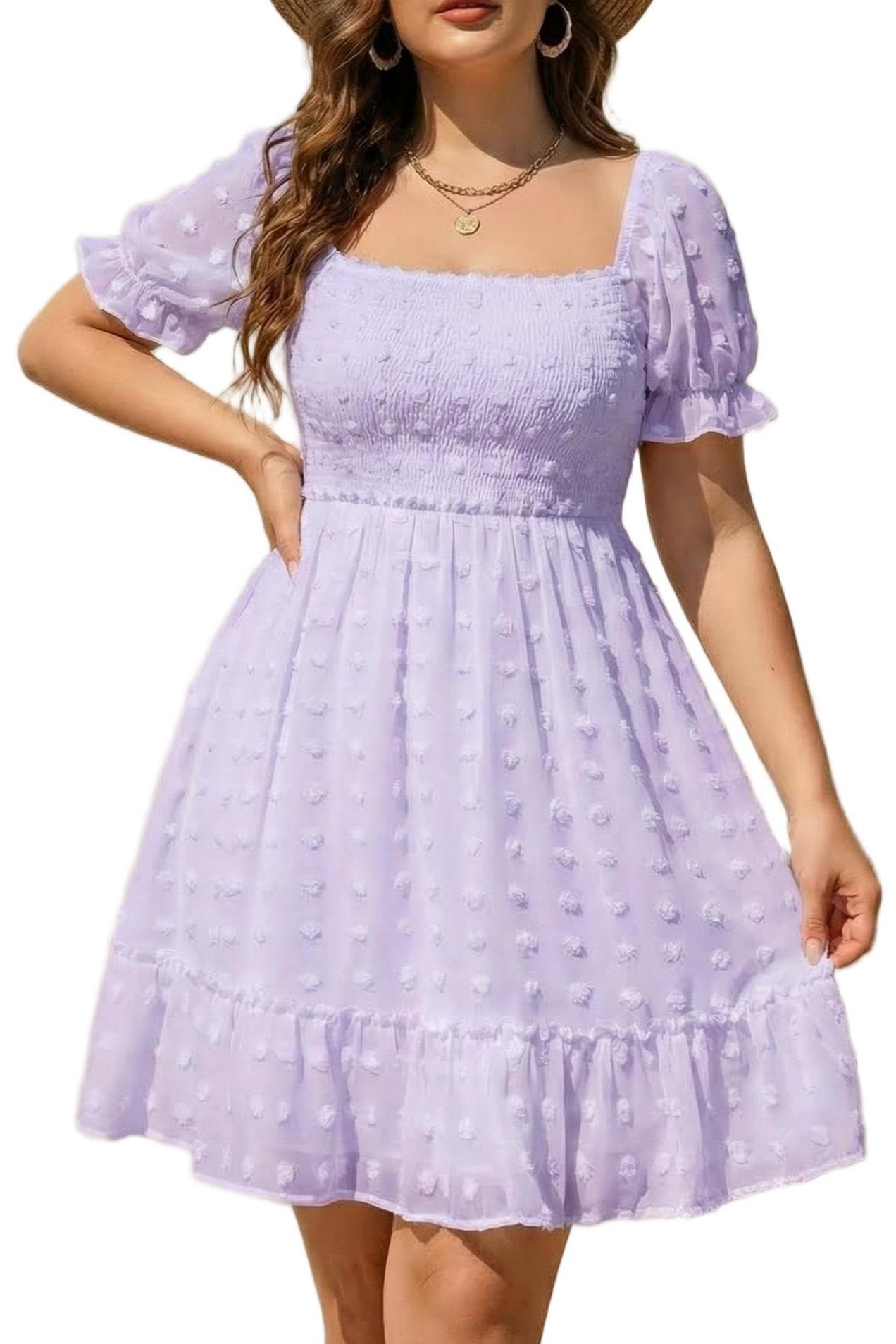 Talisea Plus Size Square Neck Graduation Summer Casual Sundress Chiffon Swiss Dot Ruffle Flowy Short Smocked Dress 2024