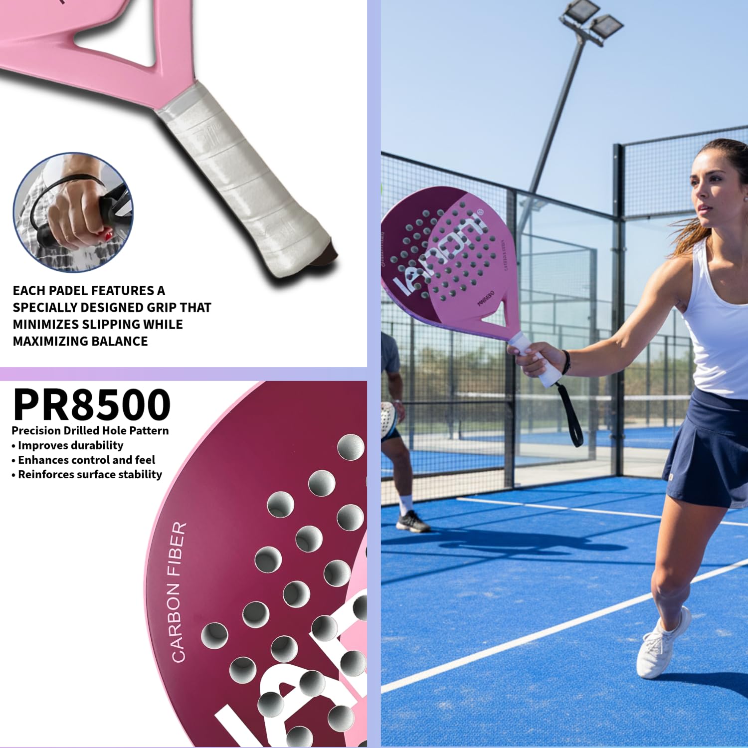 IANONI Racchetta da padel con superficie in fibra di carbonio con nucleo in schiuma EVA Memory Flex Foam Racchette da tennis Paddle Racchetta da tennis-8500 rosa