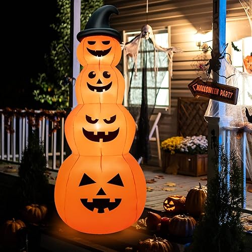Miniatura 9 de GOFLAME Calabazas inflables apiladas de Halloween de 8 pies con sombrero de bruja, decoración navideña inflable con luces LED integradas, soplador