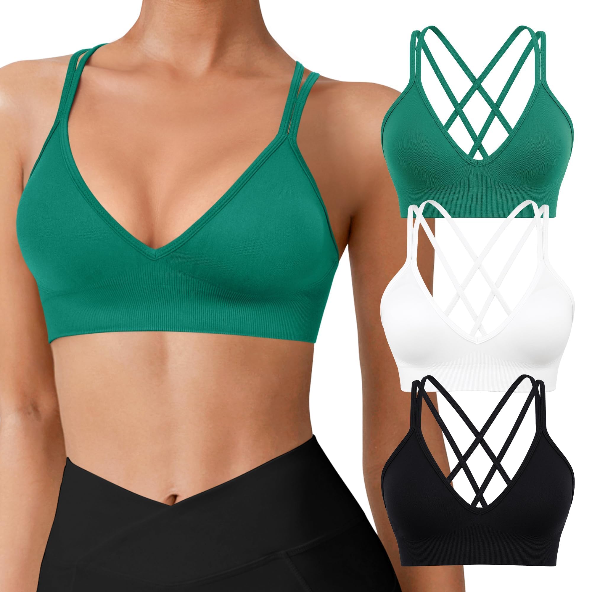 VEQKING Seamless V-Neck Cross Back Women Sports Bra for Small Chest, 3 Pack