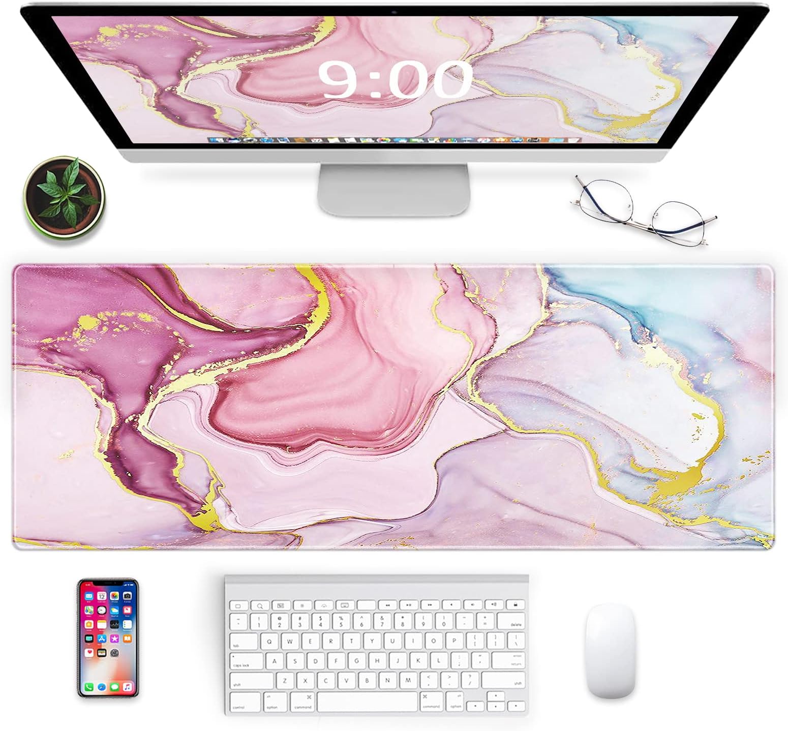 Galdas Gaming Mouse Pad Cool Flash Pattern XXL XL Large Mouse Pad Long Extended Mousepad Desk Pad Non-Slip Rubber Mice Pads Stitched Edges Thin Pad (31.5x11.8x0.12 Inch) (Pink Marble Pattern)