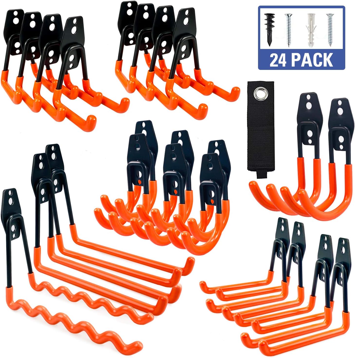 MARVOWARE Garage Storage Hooks, 24 Pack Steel Heavy Duty Organizer, Anti-Slip Double Wall Mount Holder, Utility Power Tool Hangers for Ladder, Garden Tools, Bike, Hoses, Ropes&Bulky Items Organization - - 