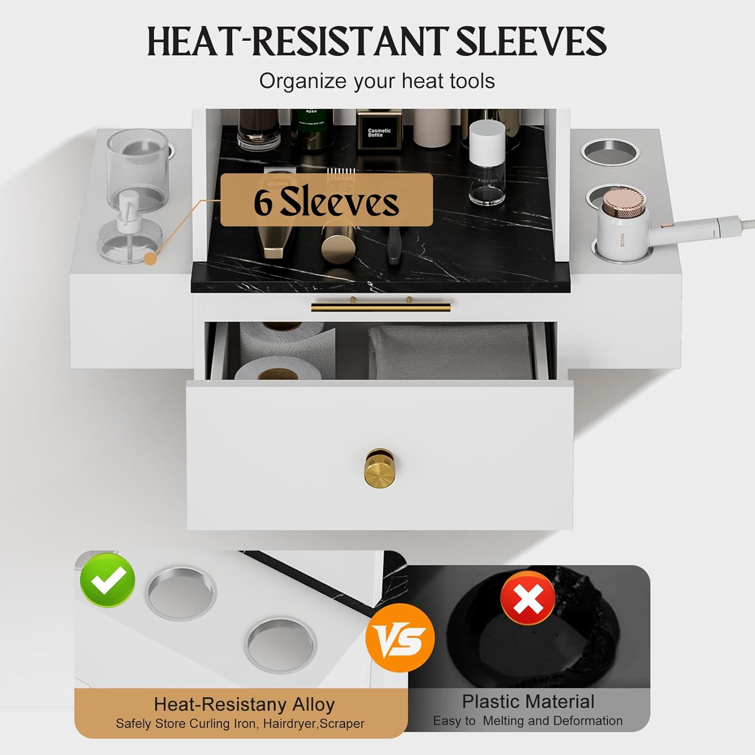 Paddie Barber Station Hair Salon Station, Salon Stations for Hair Stylist, Beauty Salon Spa Equipment w/Glass Shelf, 2 Storage Cabinet & Drawers, 6 Hair Dryer Holders for Hair Styling（White）