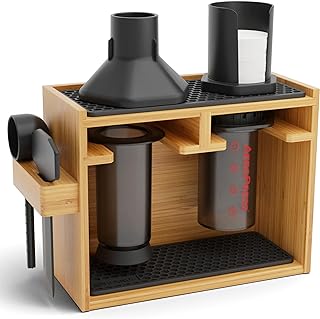 – Bamboo Organizer for AeroPress, Coffee Caddy Station Holds AeroPress Coffee Maker, Accessories, Filters, Cups, Stand includes Dripper Mats (Black)