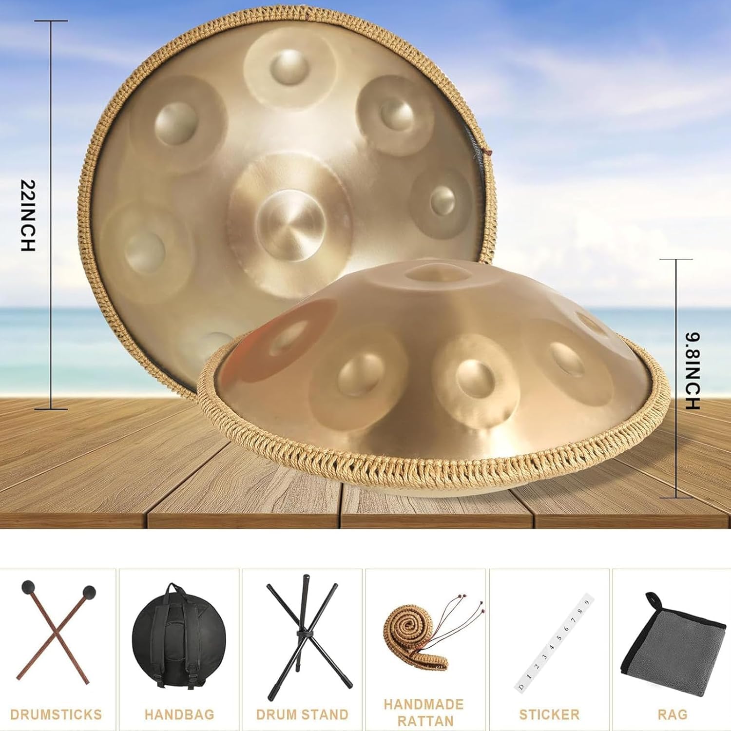 FUSKANG 432Hz Handpan aus Stahl, 9 Töne, 22 Zoll, Lila, Performer in D-Moll mit Ständer und Koffer