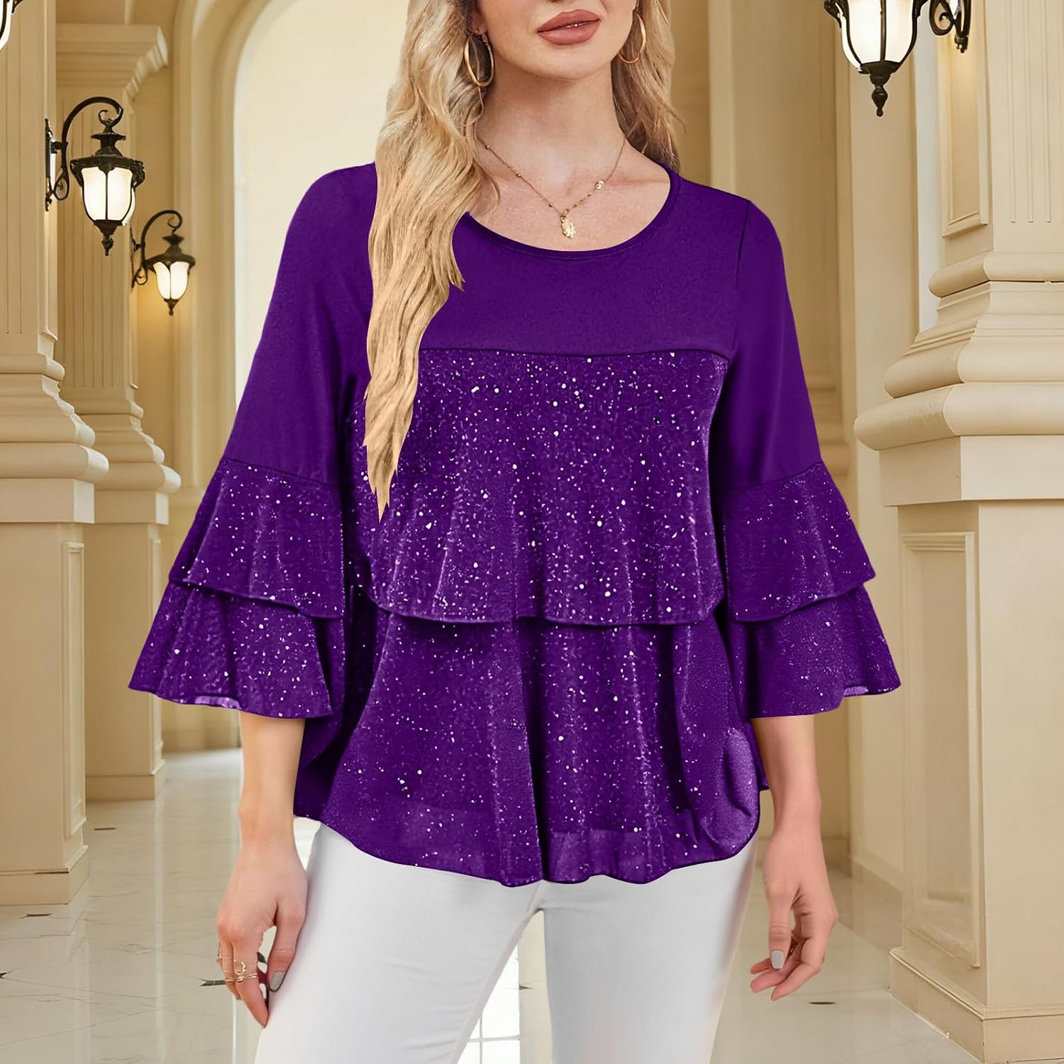 3/4 Length Sleeve Women's Tops Sparkly Ruffle Sleeve Double Layers Blouses Glitter Party Evening Dressy Shirts