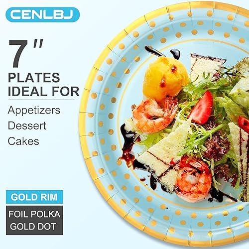 Miniatura 3 de Platos de papel de oro azul, platos de postre desechables de puntos dorados, platos de papel con borde dorado, suministros de fiesta para baby