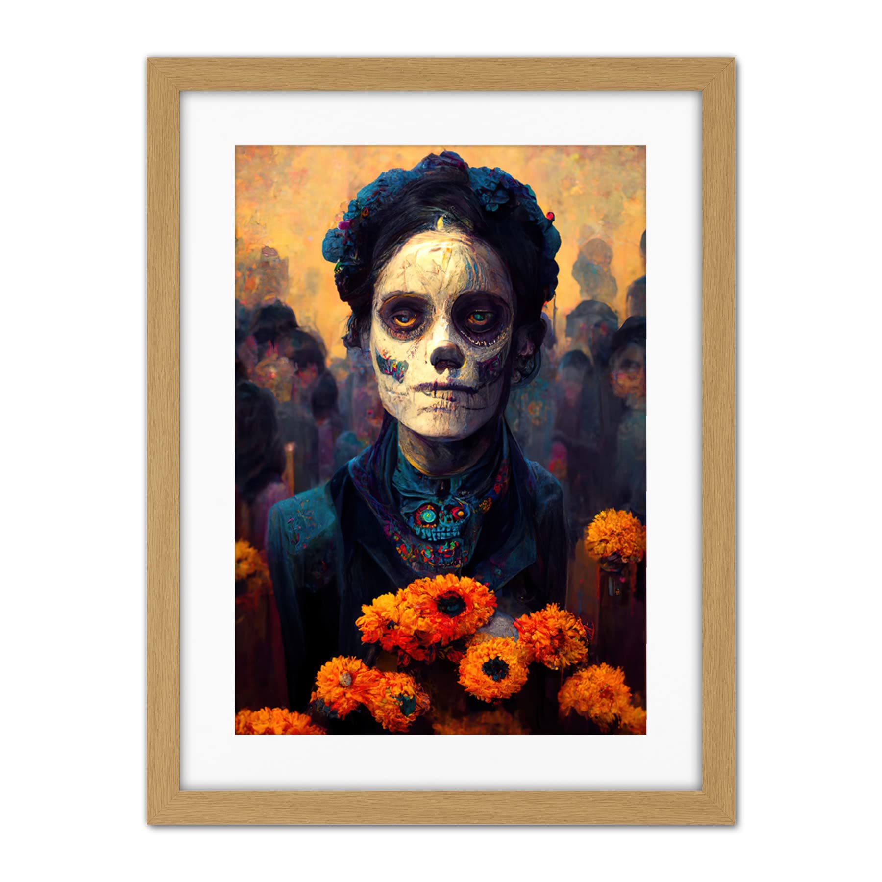 Day Of Dead Skull Marigold Flowers Artwork Framed Wall Art Print 18X24 Inch