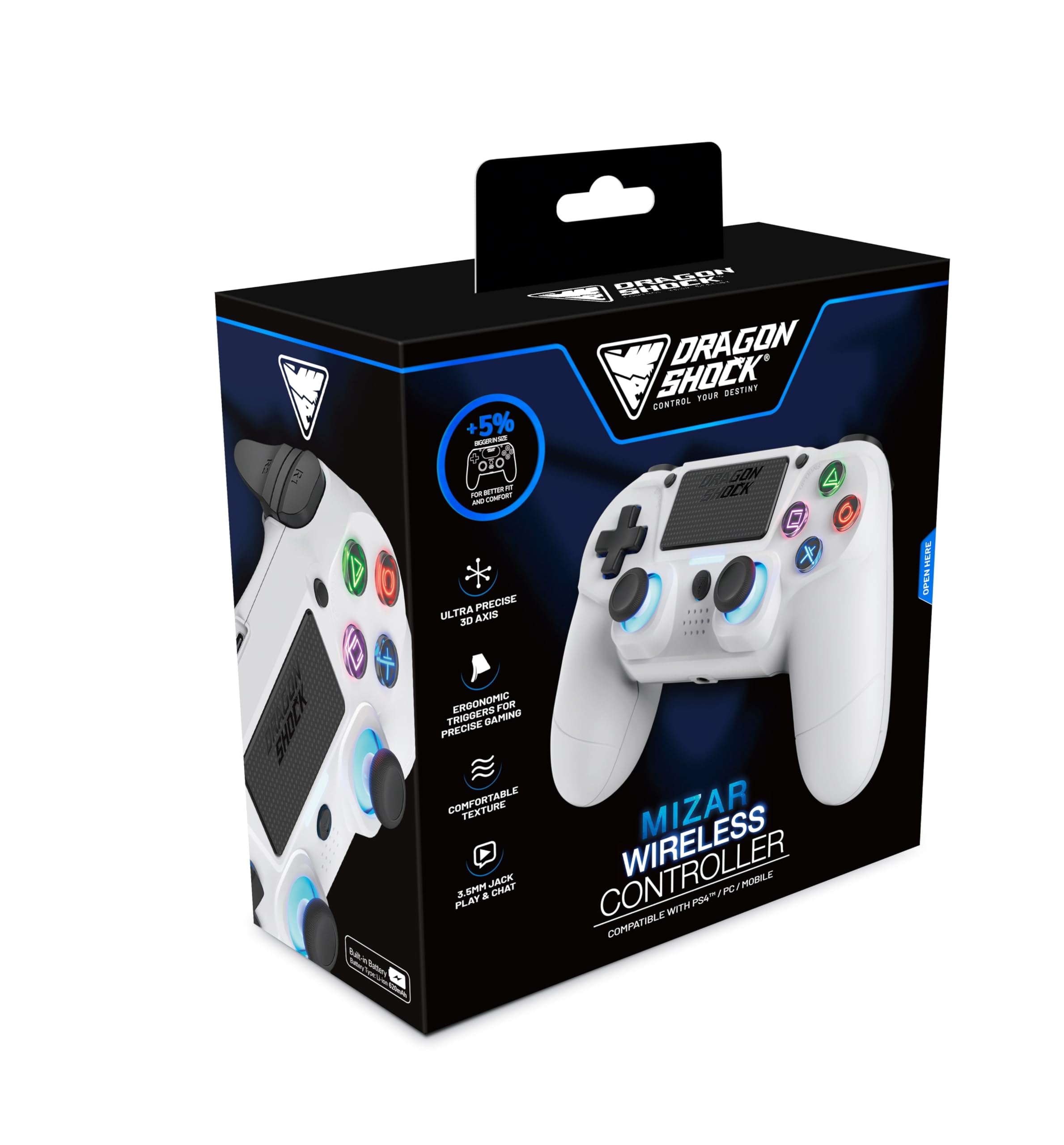 DragonShock Mizar Manette Sans Fil pour PS4 – Contrôleur Bluetooth Compatible PC & PS3 – Double Vibration, Batterie Rechargeable – Blanc