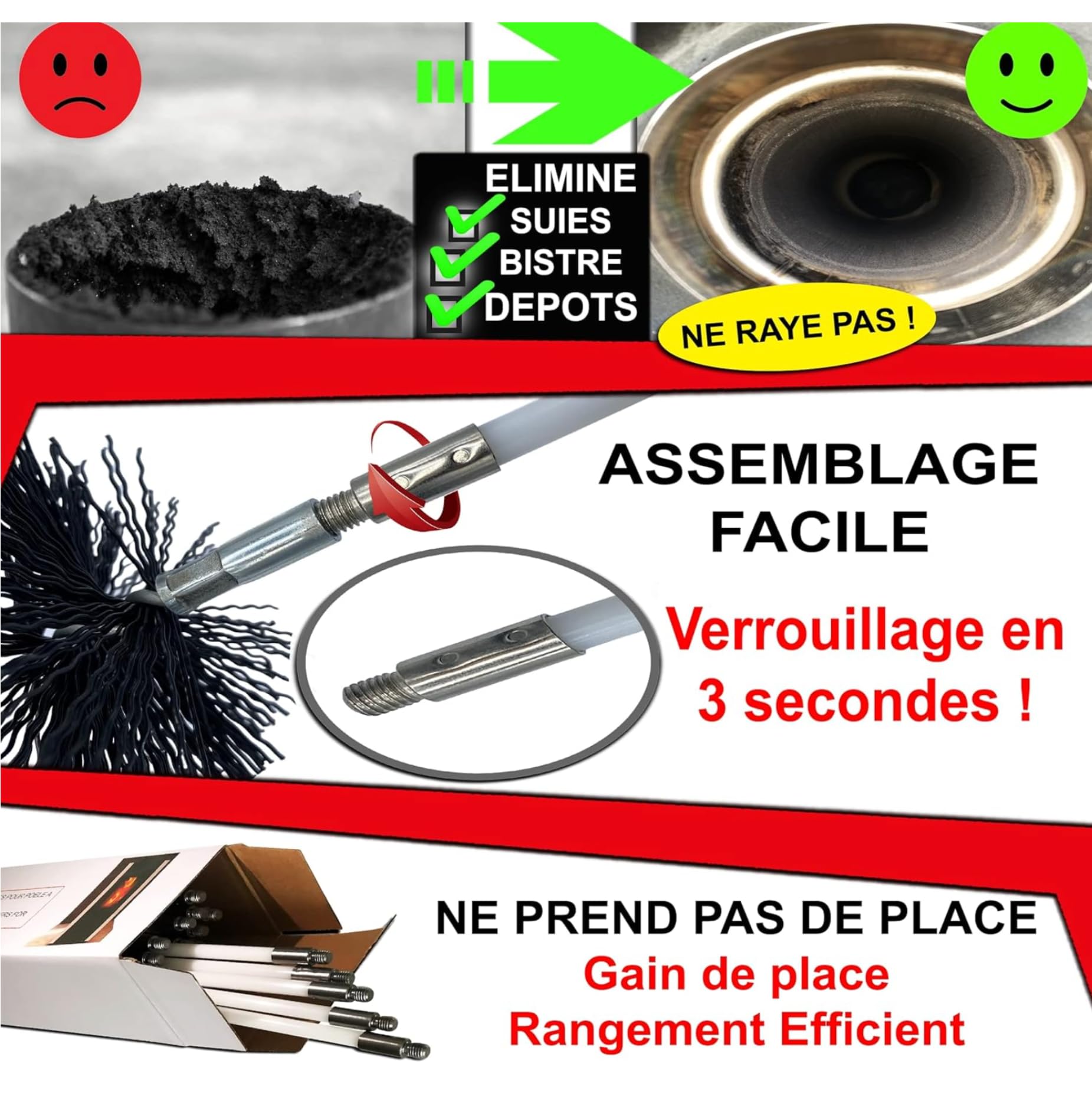 Kaminreinigungsset für Holz/Pellet, 9 m – Igel Schornsteinfeger ⌀ 120 mm/150 mm Easyflex – 16 flexible Schornsteinrohren