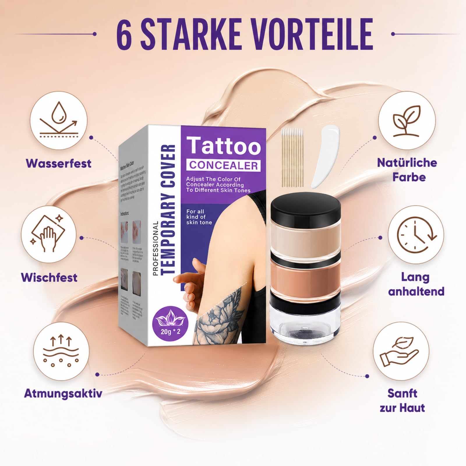 Tattoo Cover Up Set, 2 Farben 40g Tattoo Make Up Cover Wasserfest, Zum Mischen Für Alle Hauttöne Professionelle Temporäre Abdeckung Concealer, Hautfreundliche Natur & Unsichtbar