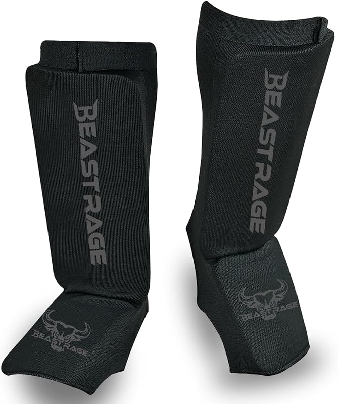 BEAST RAGE Neoprén Lábszárvédő Párnázott Rüsztvédővel - Muay Thai, MMA, Box, Karate Edzéshez - Unisex Fekete S Méret