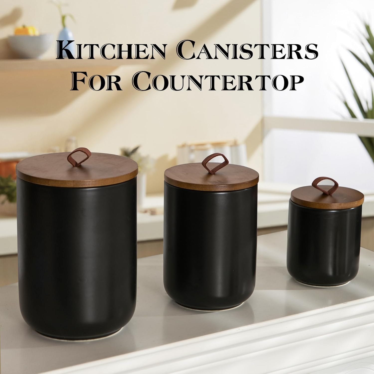 Black Ceramic Canister Set with Wooden Lid, 3-Piece Food Storage Jars for Kitchen Counter, Storage Container for Coffee, Tea, Spice, Sugar, Grains, Salt