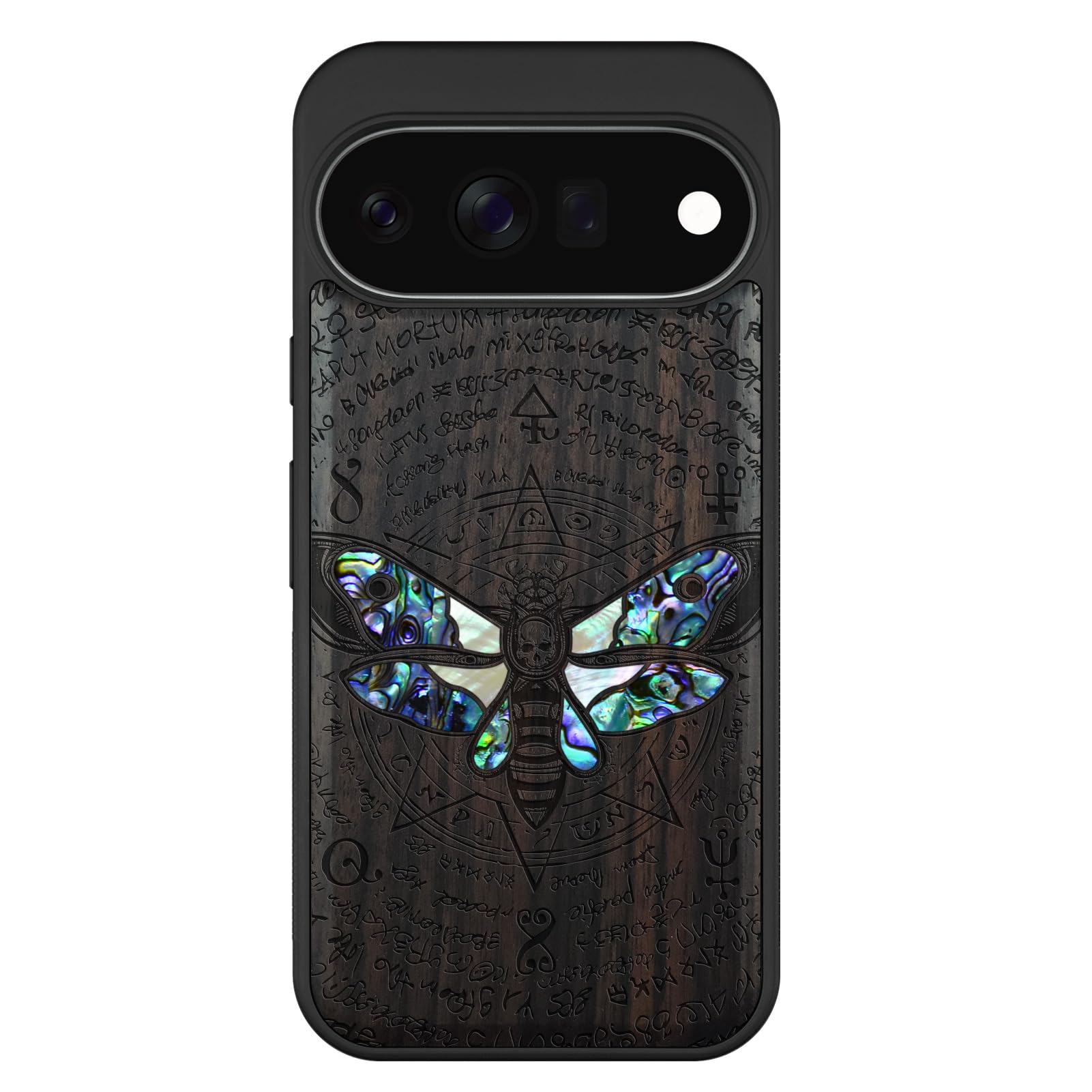 Carveit Madera Funda para Google Pixel 11 (Oscura-Headmat of Death) | Compatible con MagSafe [Grabado en madera e incrustación de mejillones] Magnética Cover para Pixel 11 Carcasa