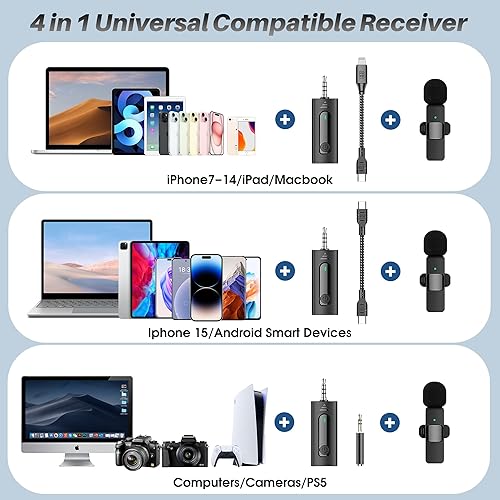 Miniatura 2 de Lavalier Paquete de 2 minimicrófonos inalámbricos profesionales 4 en 1, para iPhone, Android y cámara, de solapa, con reducción de ruido, retardo