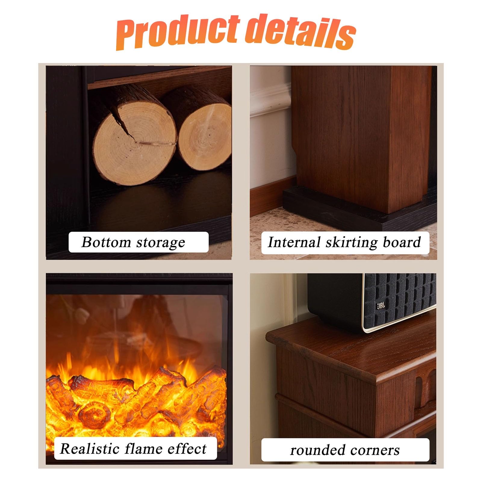 Mobile Decorativo Per Caminetto Elettrico In Legno Massello | Soggiorno Fiamma simulata 3D, registro realistico ed effetto fiamma, con telecomando(100cm/39.3in)