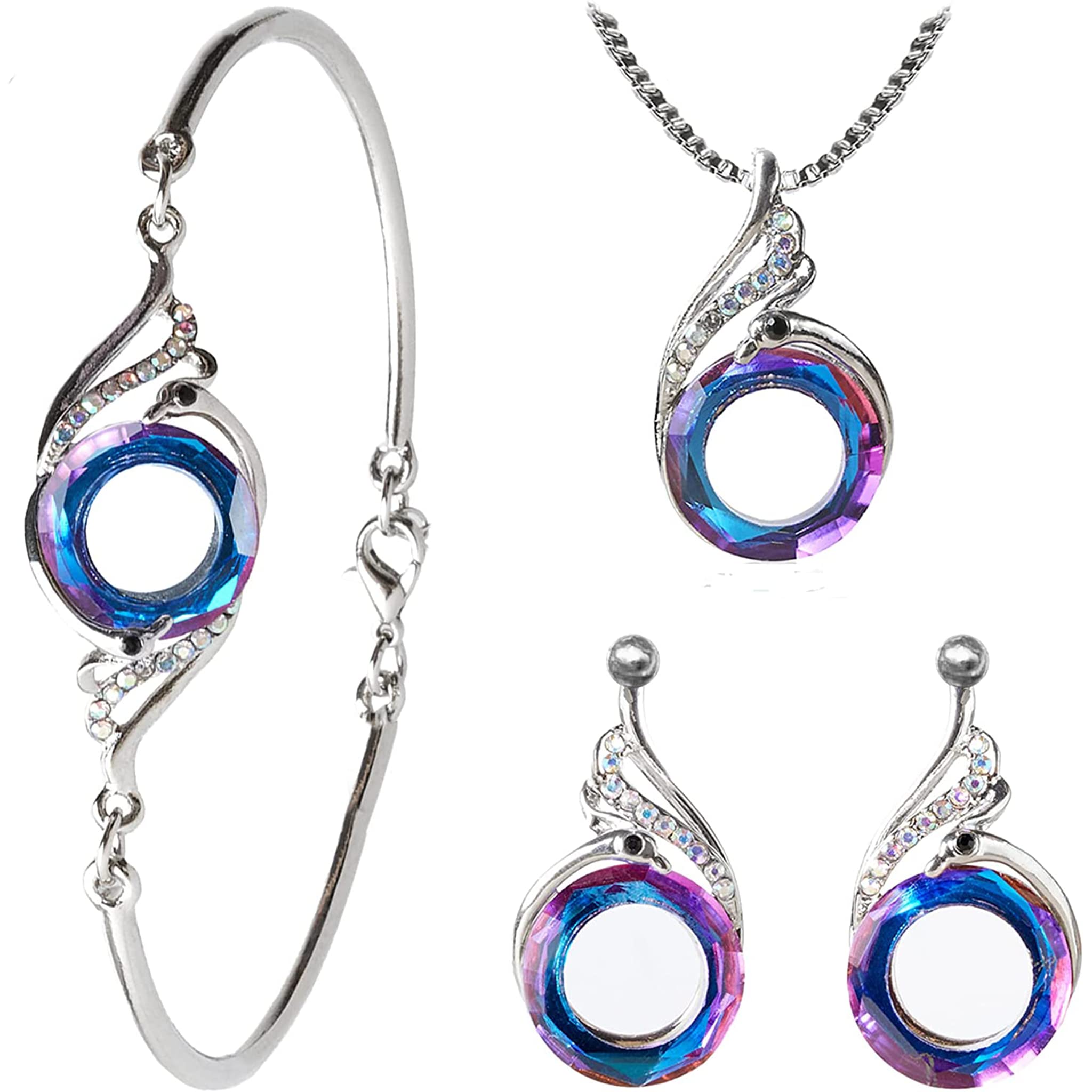 ODEGAR Conjunto de Joyas de Mujer Moderno y Elegante, Juego, Colgante o Collar, Pendientes y Pulsera. Chapado en Plata de Ley 925 y Cristal. Regalos: San Valentín, Navidad...