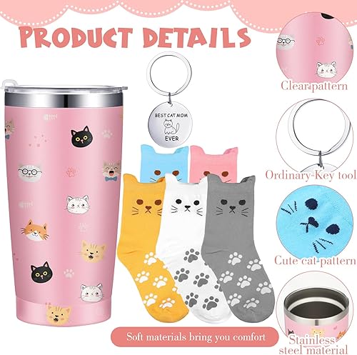 Miniatura 3 de Sliner Juego de regalos de cumpleaños para amantes de los gatos, vaso con tapa y pajita, 5 pares de calcetines lindos y llavero para mamá, regalos