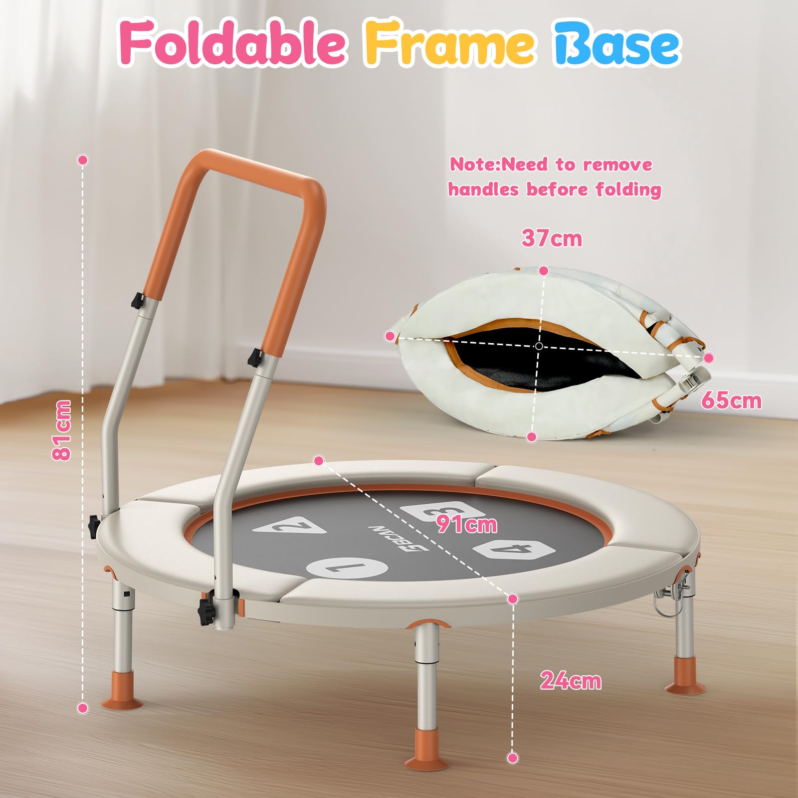 BCAN Trampoline Enfant 91 cm, Mini Trampoline Extérieur Intérieur Pliable avec Poignée Réglable, Coussinets de Sécurité & Pieds Pliables, Cadeau pour Enfants 3-6
