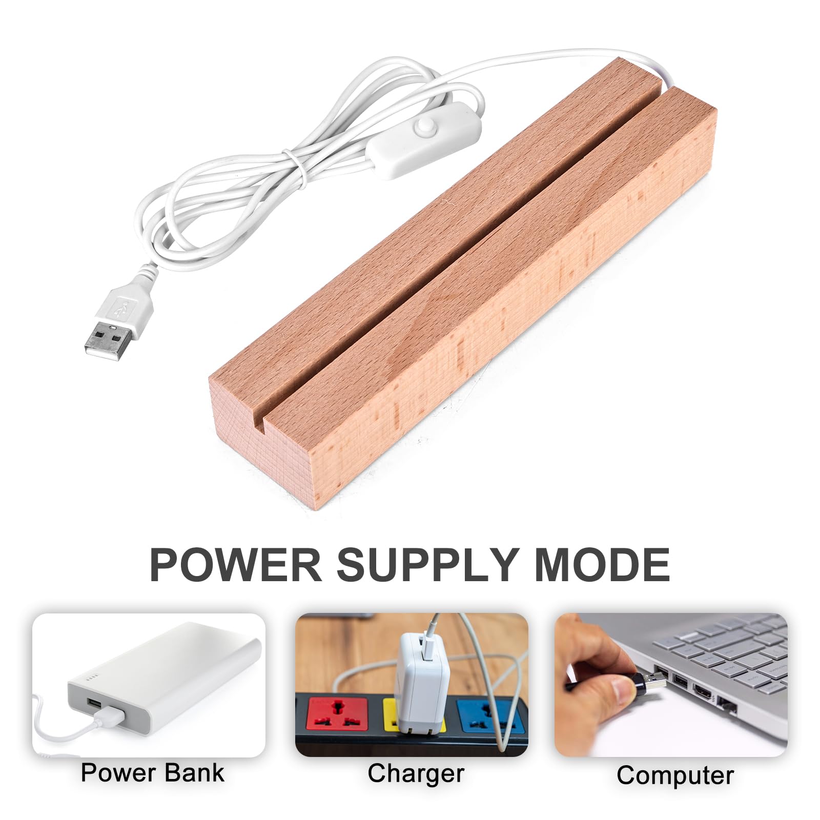 Vegena 2 basi per display a LED, base in legno con luce a LED, base rettangolare in legno con USB per piastra in acrilico, piastra in vetro (24 cm di lunghezza, bianco caldo)