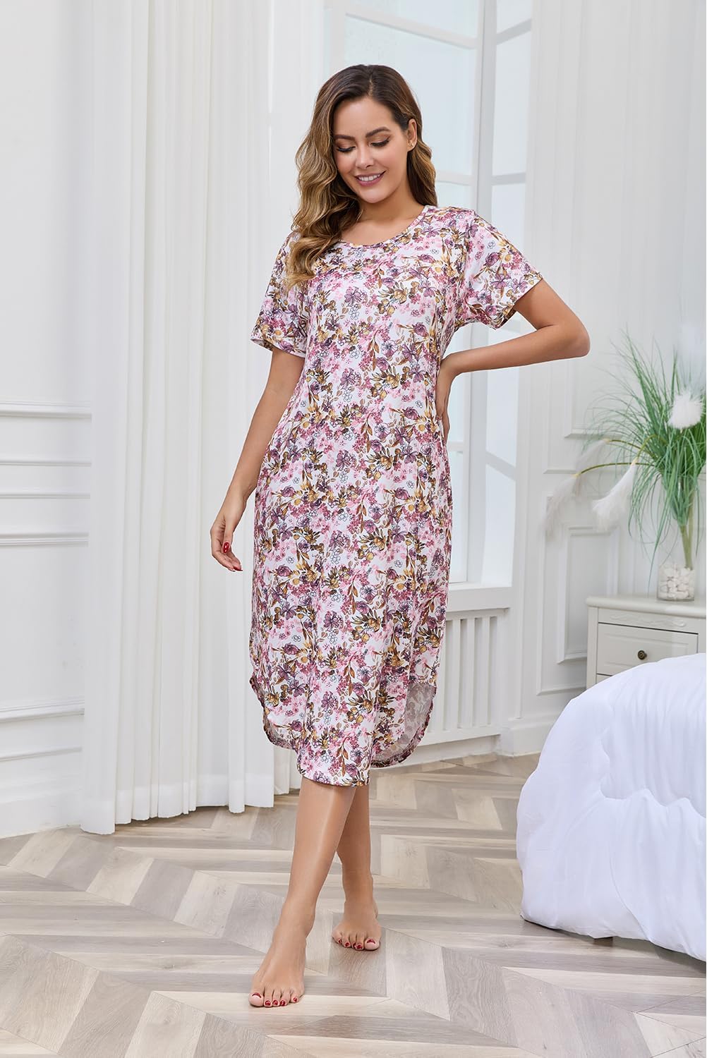 PNAEONG Nightgowns for Women Short Sleeves House Dress Nightshirt Comfy Sleepshirts Sleepwear with Pockets,M-3XL - Image 6