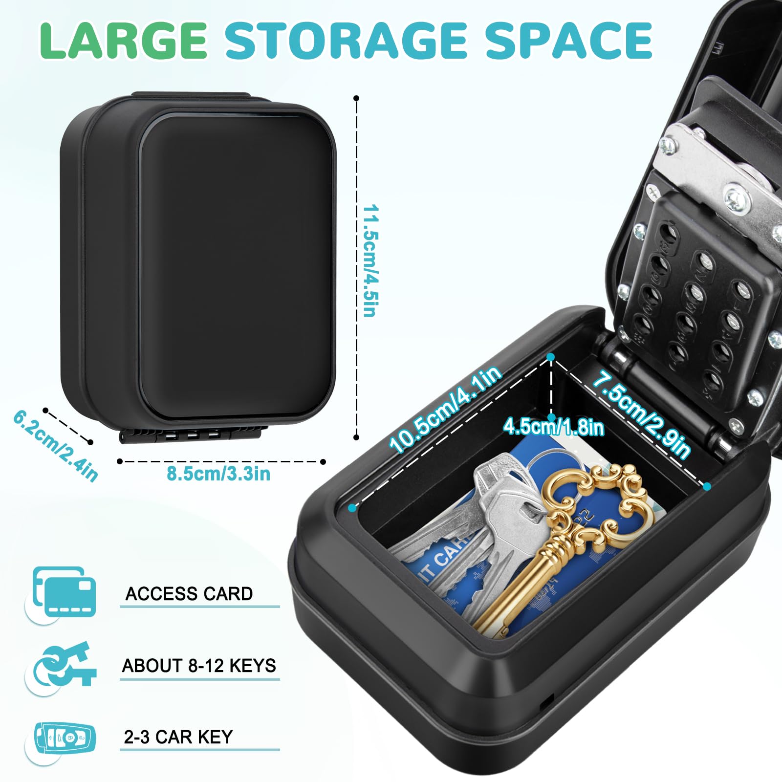 Caja Seguridad con Llaves Exterior Grande, Código 12 Dígitos Impermeable Oxidación y Robusto para Hogar, Escuela, Garaje, Oficina - Negro