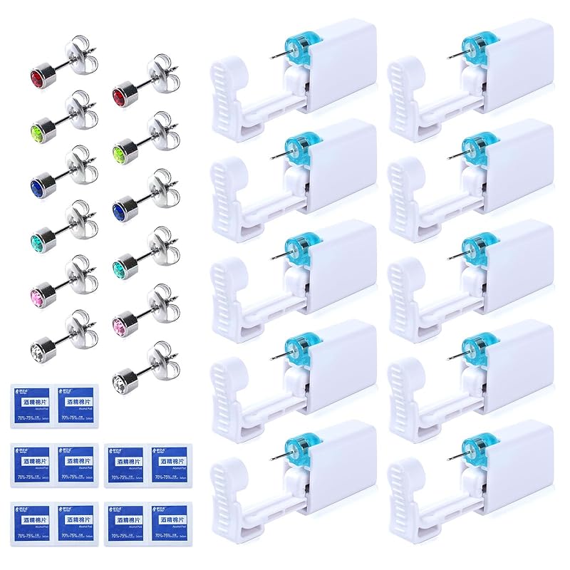 Kit para Piercing de Orelha OT-NVWOZR com 12 Pistolas Descartáveis, Brincos e Algodões com Álcool — Prata