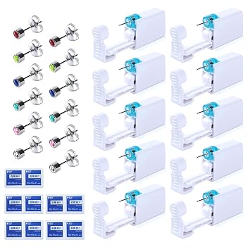 12PCS Ear Piercing Kit, Disposable Self Ear Piercing Gun Kit with Ear Studs and Alcohol Cotton, Painless Safety Nose Piercing Tools Earrings for Women Men Girls Boys Silver