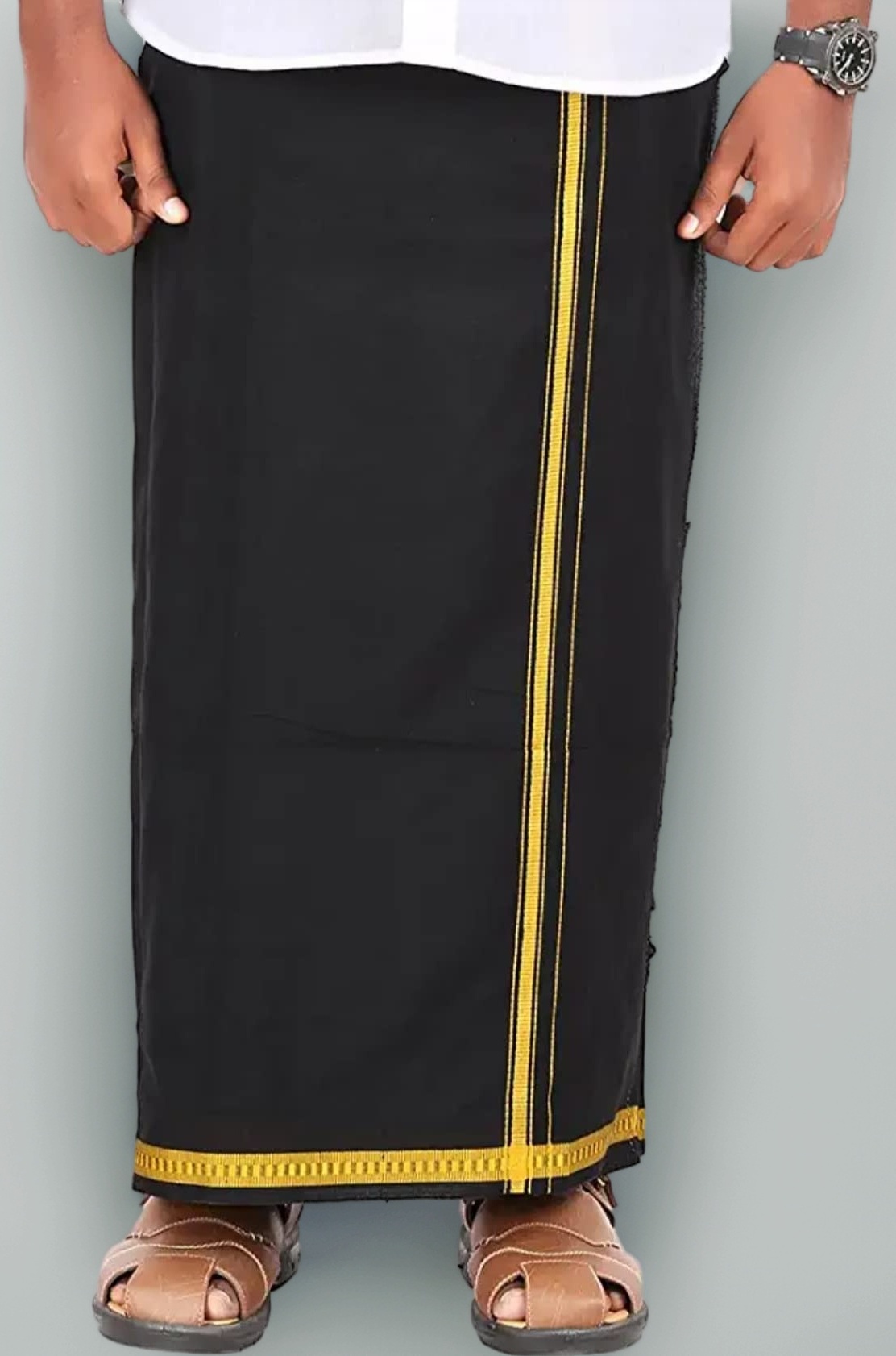 Men's Pure Cotton Lungi (2 Meters) Casual Daily Ware Black Lungi Free Size Thin Gold Border
