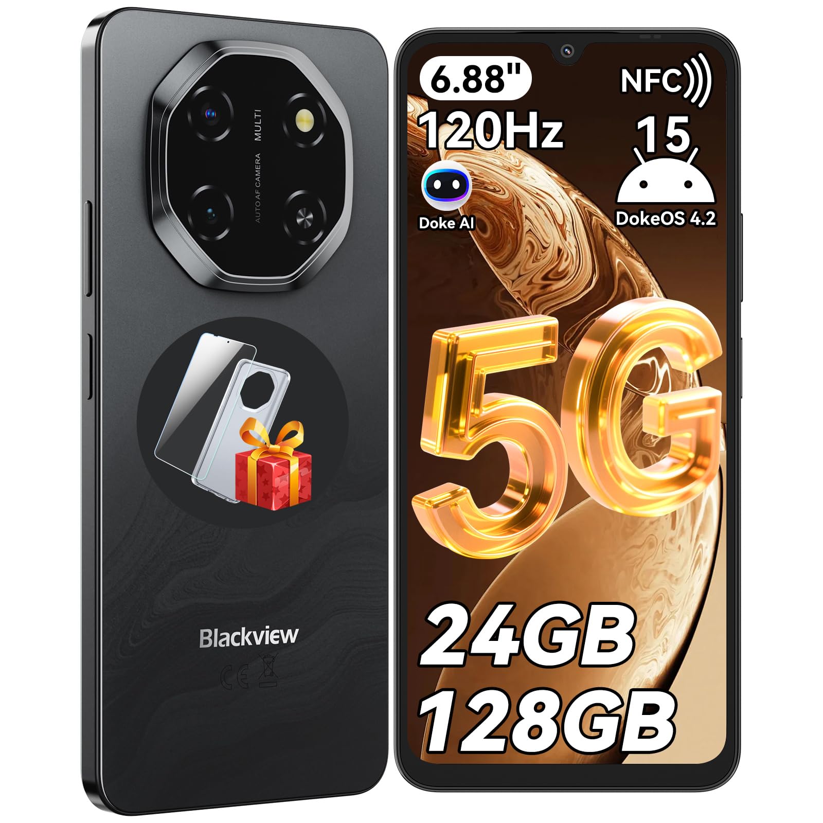 Blackview Shark 6 Smartphone 5G, 6.88''HD 120Hz Telefono Cellulare, Telefoni Android 15, Cellulari 24GB+128GB, Unisoc T8100, 5000mAh, 16+8MP, 5G Dual SIM/OTG/NFC/Face ID/Fingerprint