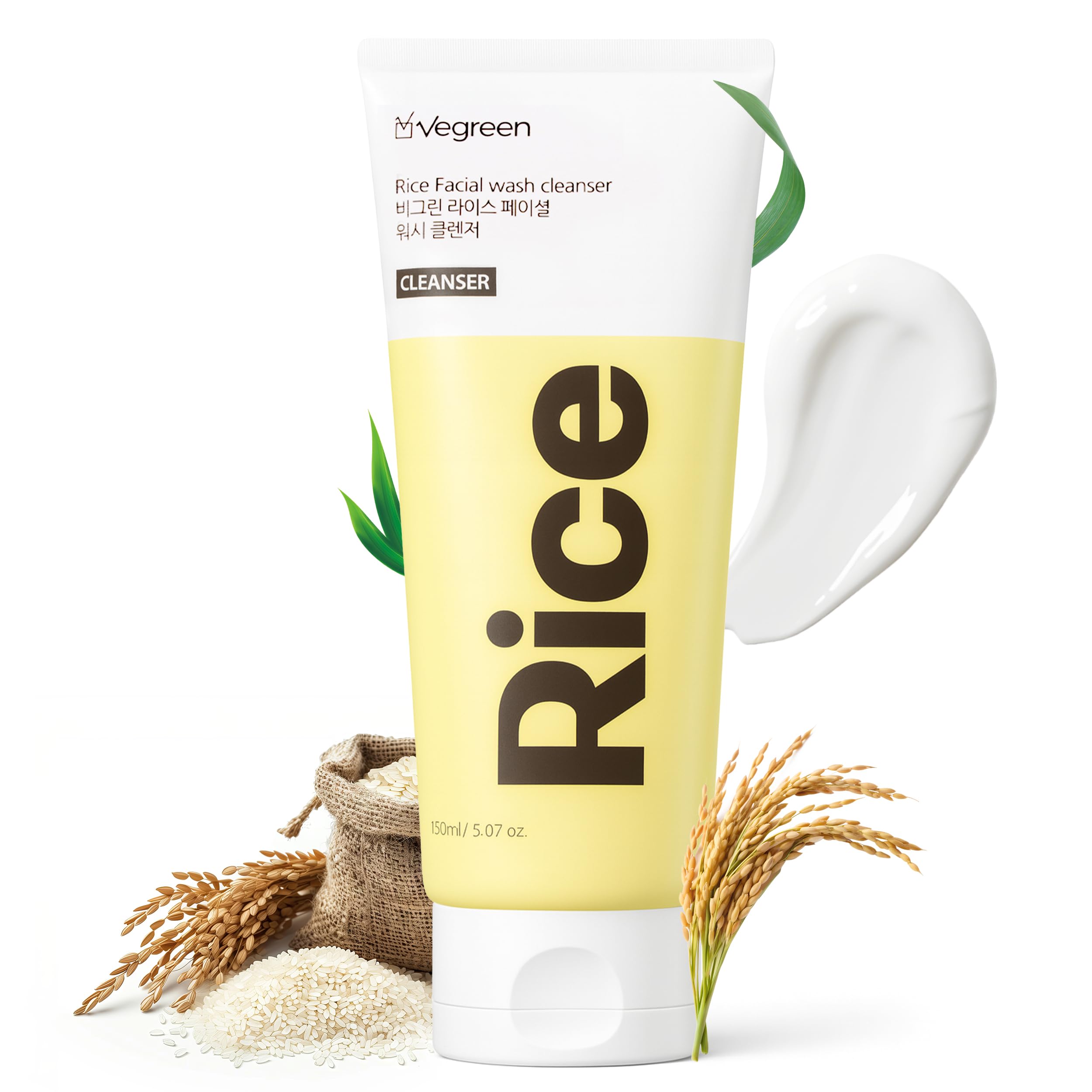 VEGREEN Rice Foaming Face Wash – pH-Balanced Cleanser for Dry & Sensitive Skin | Hydrating & Brightening Facial Cleanser for All Skin Types (5.07 fl oz)