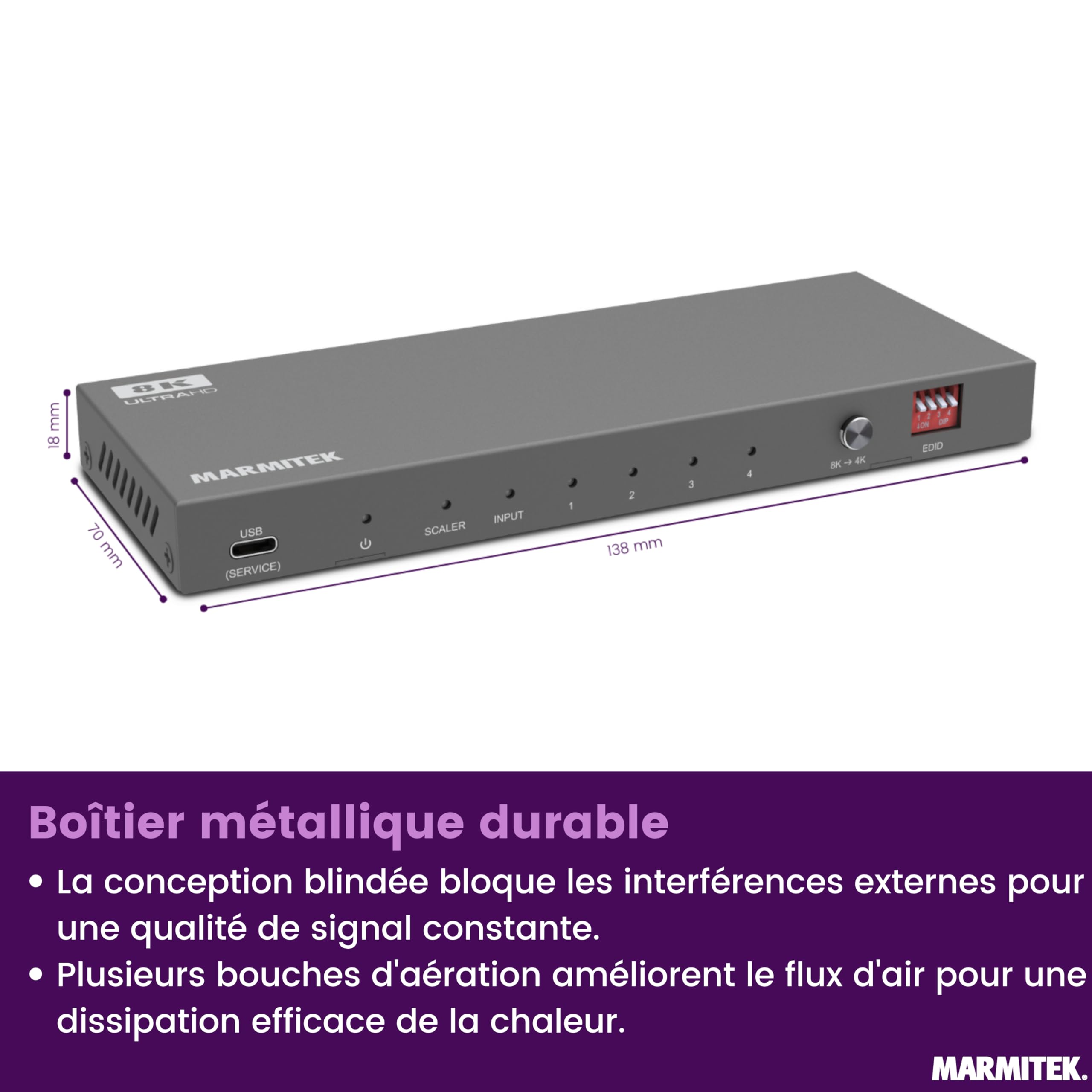 Marmitek Split 814 Pro - Splitter HDMI 8K - Répartiteur 1 entrée 4 Sorties | Répartiteur HDMI pour TV et projecteur avec HDMI 2.1, 4K120, HDR, 48Gbps, extracteur audio, commutateur EDID et DTS-HD