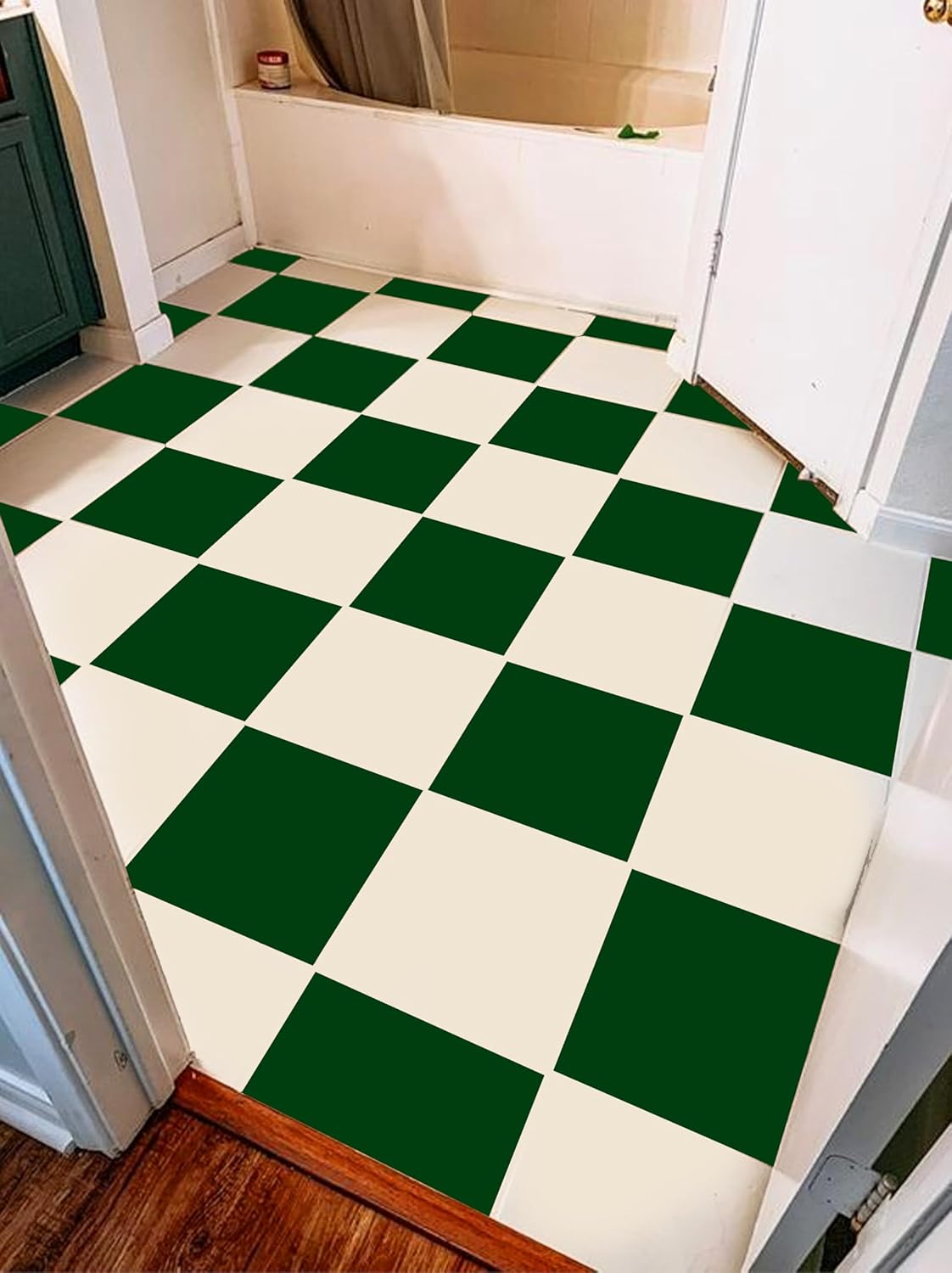Checker Moss Green and White Bleucoin Peel and Stick Floor Tiles Anti-Slip Vinyl Decals for Home, Kitchen, Bathroom Water Resistant DIY Renter-Friendly Flooring Solution (24, 7 3/4" x 7 3/4")