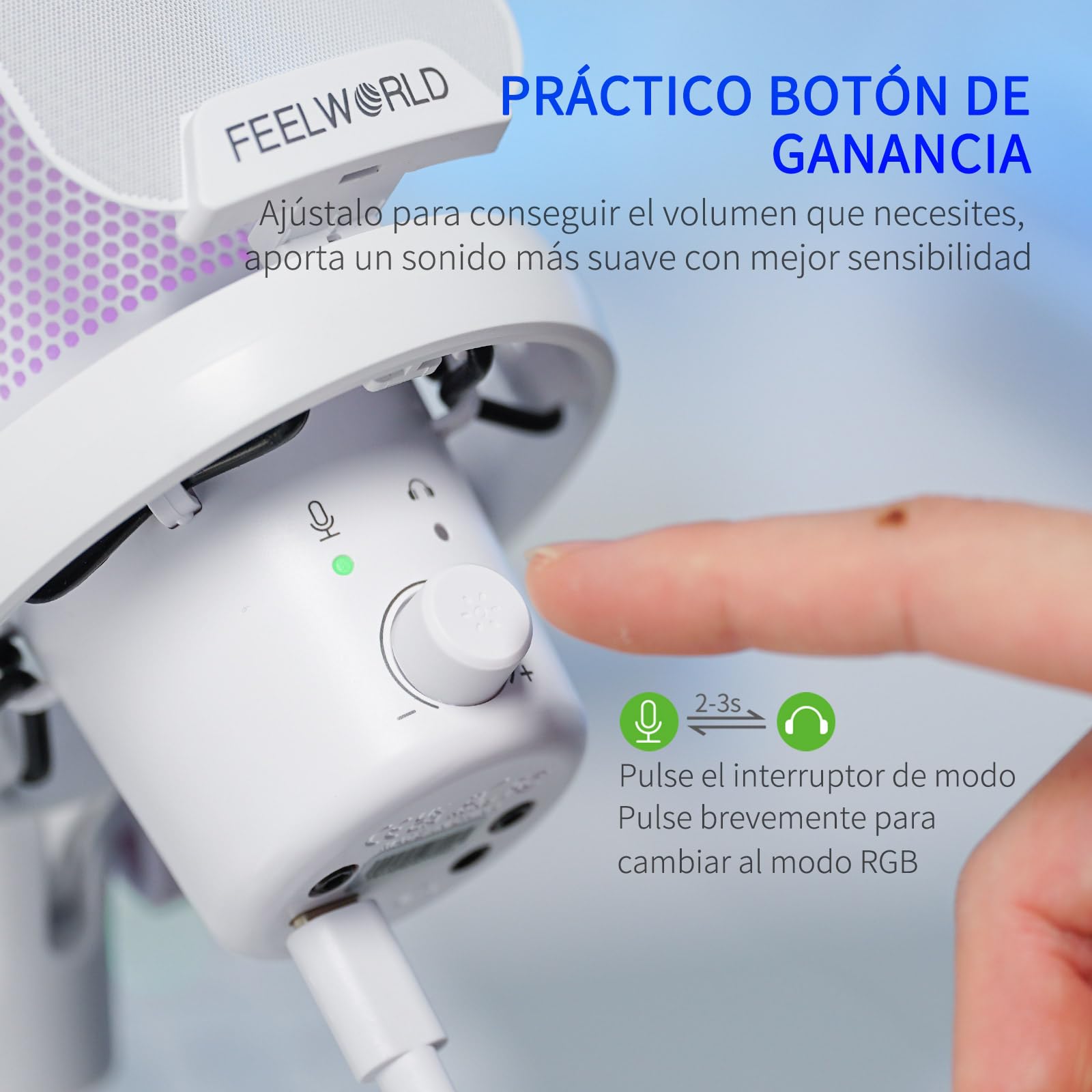 Feelworld VM1 Blanco Gaming PC USB Micrófono Condensador con Cancelación de Ruido Mute Luz RGB, Accesorios de Ordenador para Gamer Youtube Twitch Podcast Streaming Grabación Online Chat PS4 PS5