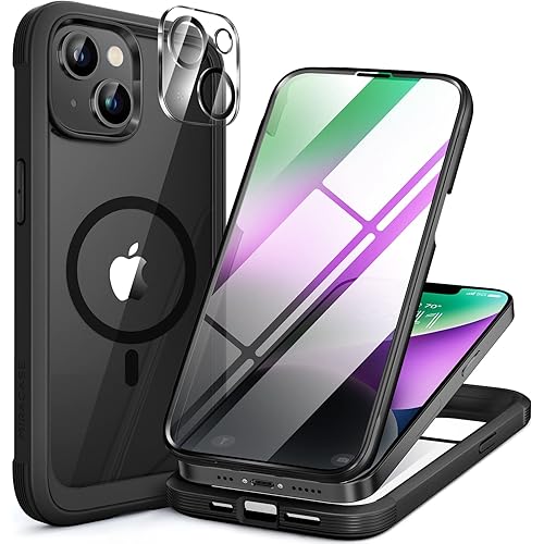 Miracase for iPhone 14 Case 6.1'', [Bubble Free] Full-Body Bumper Phone case with Built-in Full Glass Screen &Lens Protector,No Gap,Compatible with MagSafe,Drop Proof 14 Cover,Black