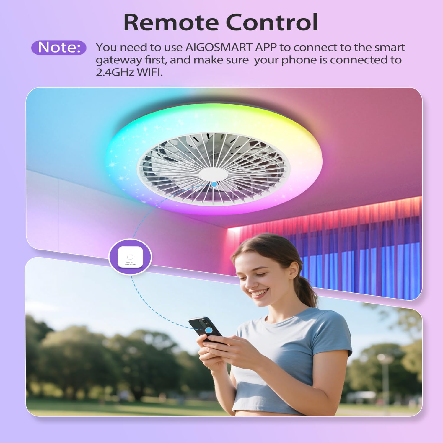 Aigostar- Ventilador Techo Alexa, Luz LED 40W, 4400LM, 2700K-6500K y RGB Regulable, Lampara Ventilador Techo Inteligente con Mando a Distancia y Gateway, Silencioso, 6 Velocidades, Diameter 50CM,2Uds