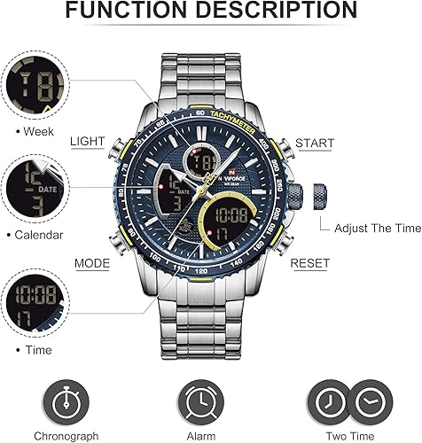 Miniatura 3 de NAVIFORCE Reloj digital analógico de cuarzo para hombre, de lujo, de acero inoxidable, impermeable, de moda, cronógrafo, militar, multifuncional,