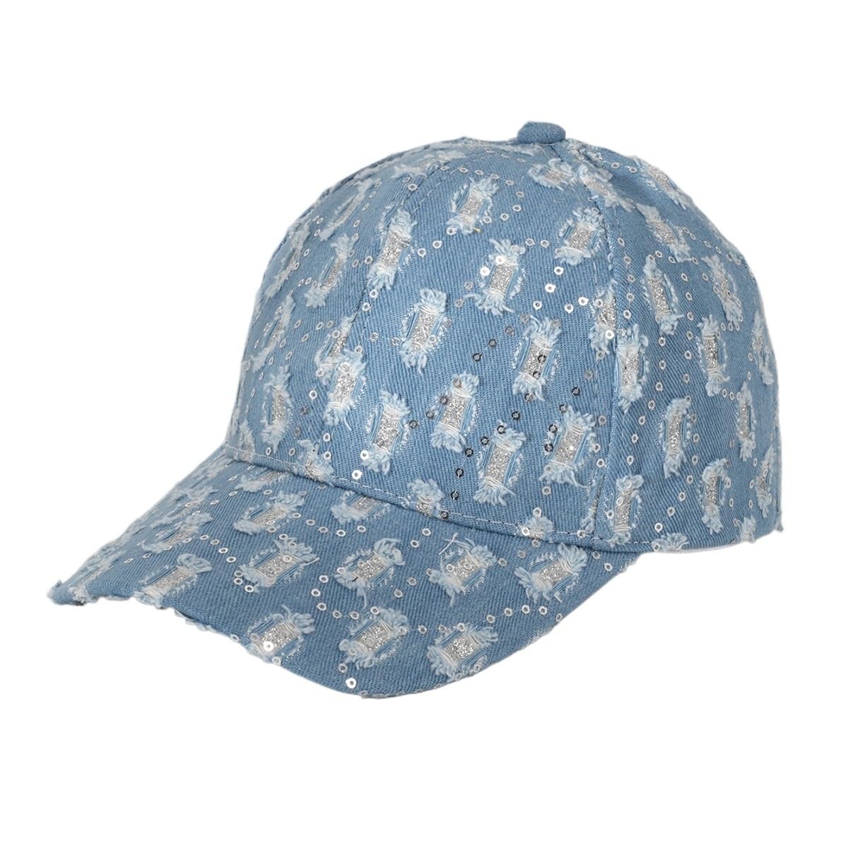 Casquette baseball vintage jean déchiré à paillettes bleu clair pour sport