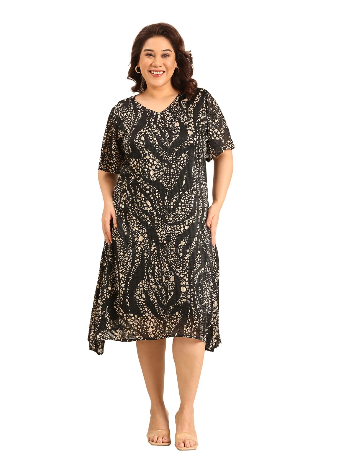 The Pink MoonWomen's Plus Size Printed A-line Black and Cream Dress - (DRS_Aline_GRYW)
