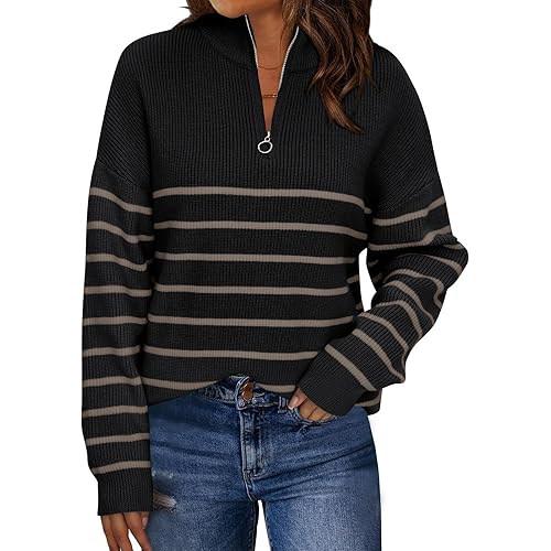 LILLUSORY Women's Quarter Zip Striped Oversized Sweater Mock Turtleneck Pullover Fall Fashion Outfit Winter Trendy Clothes