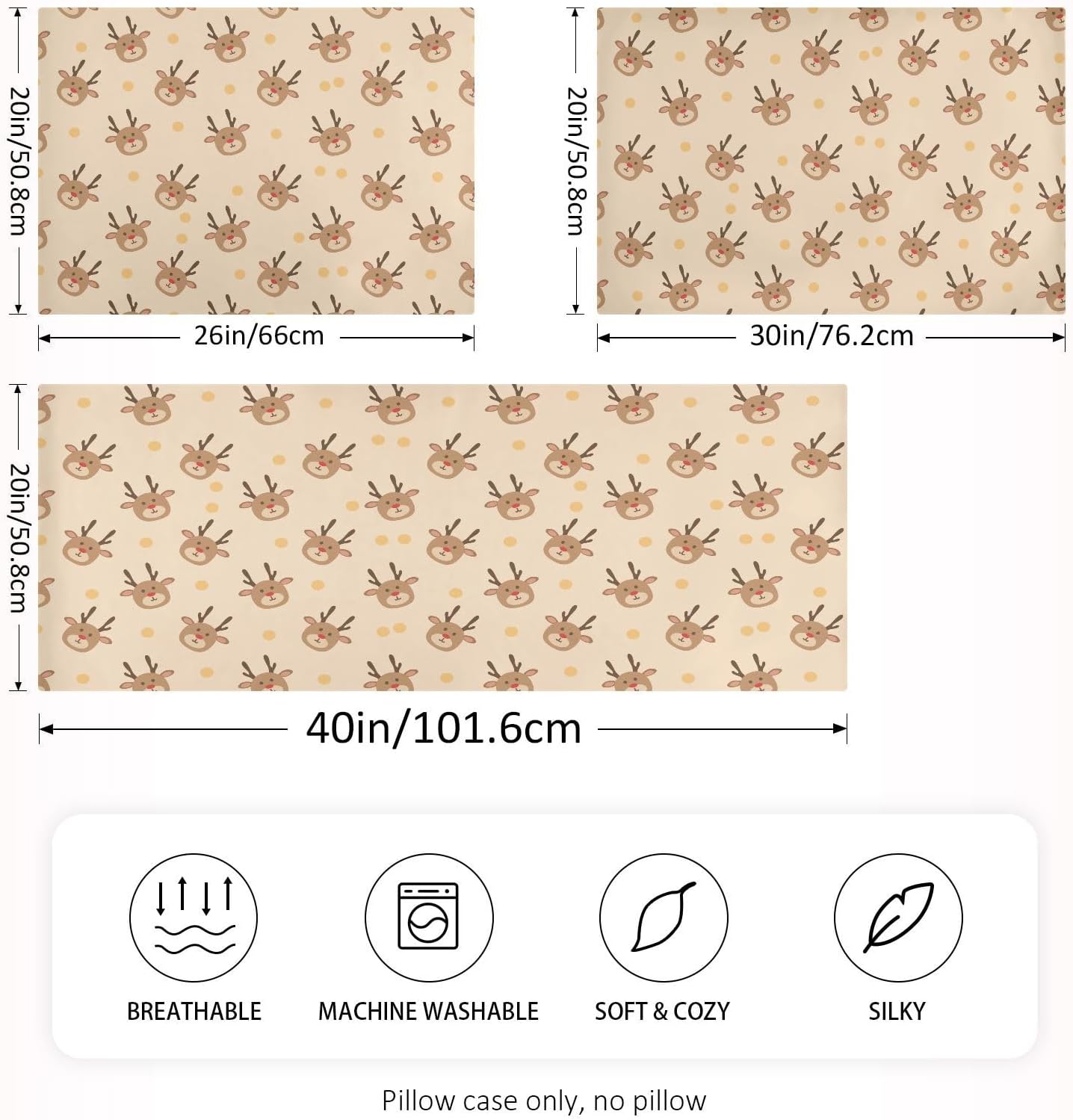 Christmas Satin Pillowcase for Hair and Skin, Reindeer and Polka Dot Silk Pillow Case Soft and Cozy Body Pillow Covers Standard Size with Envelope Closure image 2